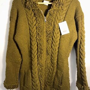 Cozy Brown Cable Hand knit Sweater jacket S/M 100% Wool NWT